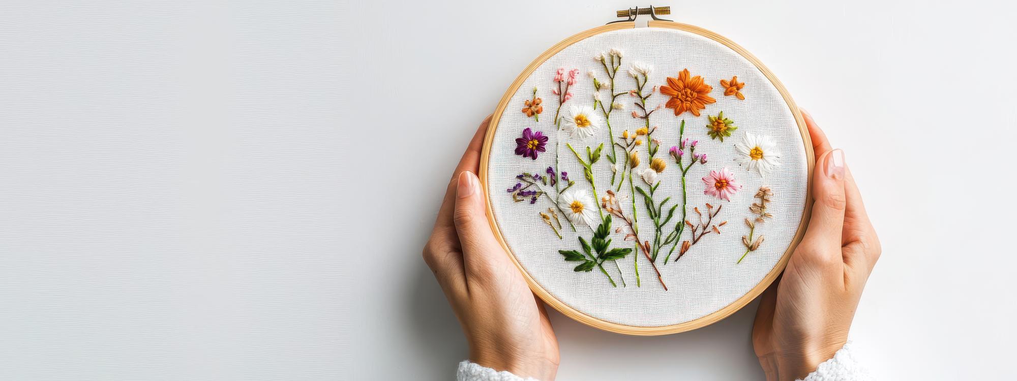Mano che ricama un fiore colorato